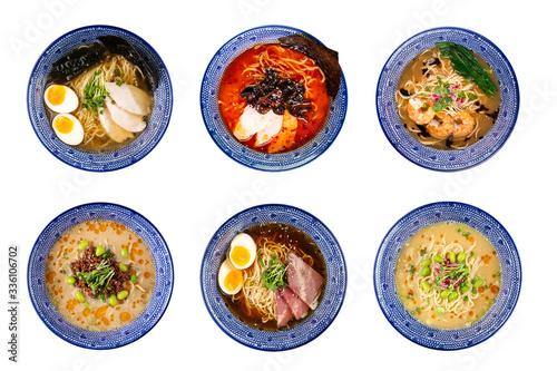 Set of different types of Japanese ramen, tantanmen, shio ramen, shrimp, wood mushrooms, top view on the white background, in blue traditional bowls, isolated photo