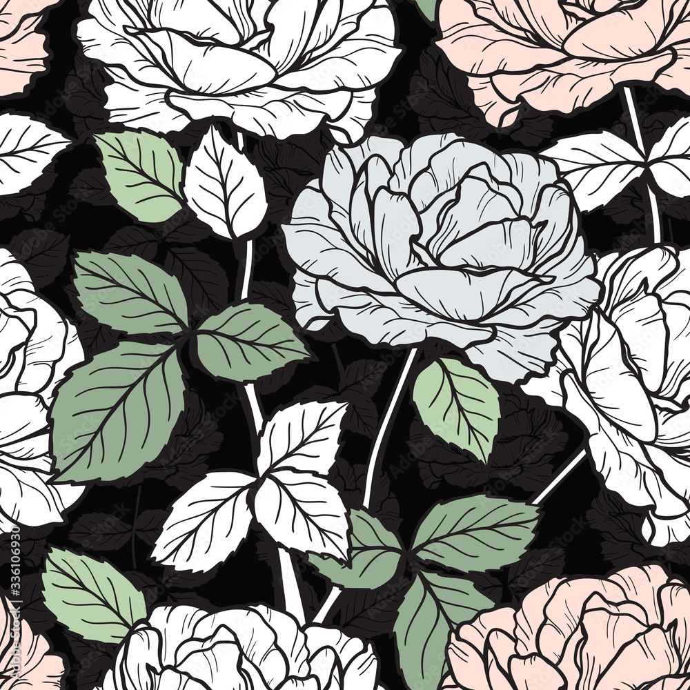 Vector Flowers and Leaves Seamless Pattern. Hand drawn Branches of Rose Flower outline Sketch. Beautiful Bouquet of Summer garden Roses flowers. Vintage Floral Background. Plants Wallpaper
