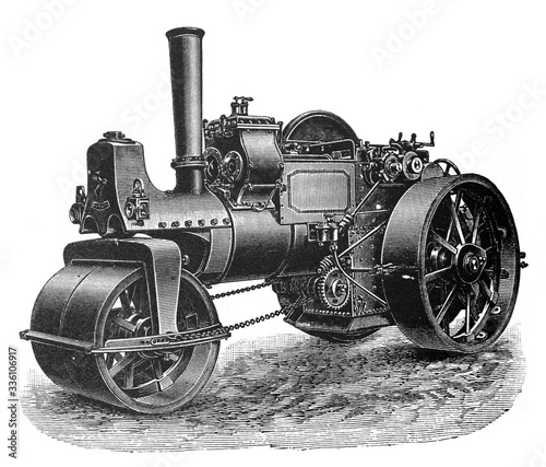 Antique steam roller / Antique engraved illustration from Brockhaus Konversations-Lexikon 1908 photo