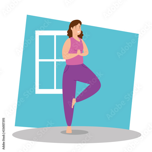 woman doing yoga in the house vector illustration design