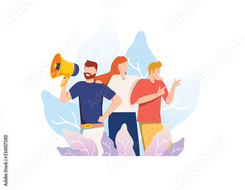 Our team, customer communicate. Followers, happy people staying together.About us, contact us, follow us metaphors.