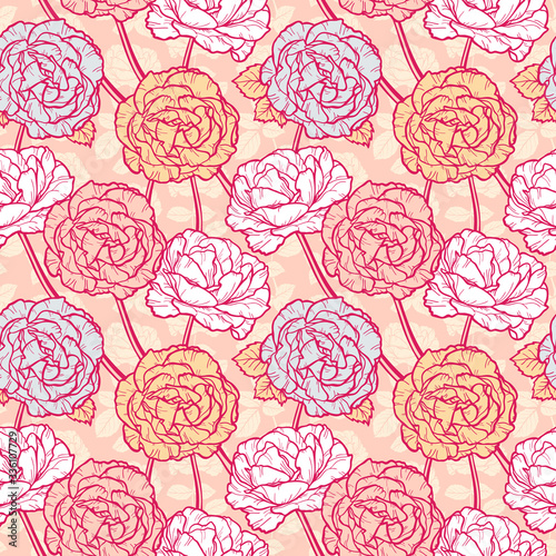 Vector Flowers and Leaves Seamless Pattern. Hand drawn Branches of Rose Flower outline Sketch. Beautiful Bouquet of Summer garden Roses flowers. Vintage Floral Background. Plants Wallpaper 