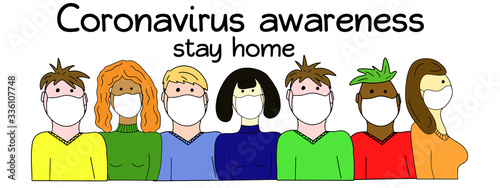 Coronavirus awareness. Stay home. International people in medical mask and colorful shirts. Concept of quarantine, self isolation for viral disease prevention. World pandemic problem