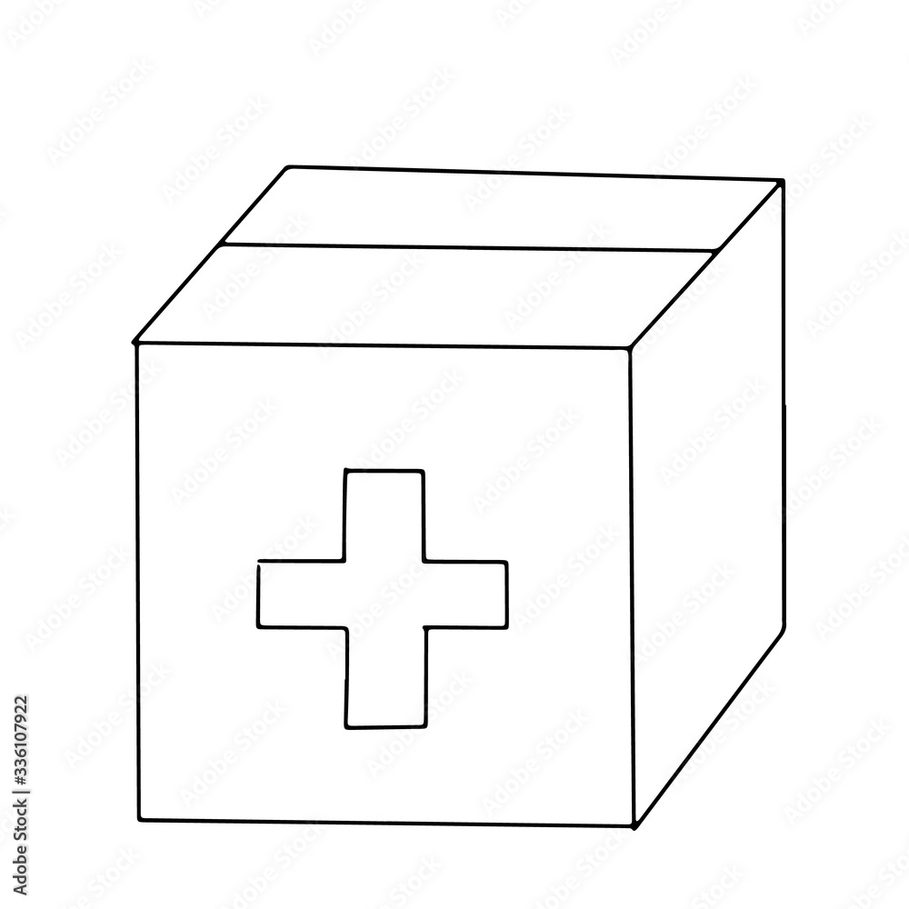 Obraz premium Cardboard carton box with medical cross isolated on white background. simple outline vector illustration in doodle style. Concept of humanitarian aid, post parcels, posters, shipping, charity.