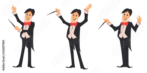 Conductor of orchestra in different poses. Male character in cartoon style.