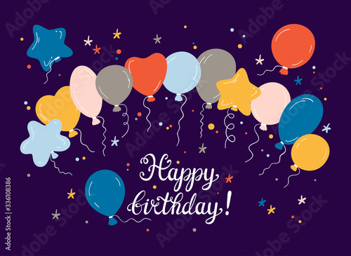 Happy birthday Greeting card Template. Birthday party Invitation Card with doodle Cute Balloons, Stars and Confetti pieces. Cartoon Festive Balloon Vector illustration 