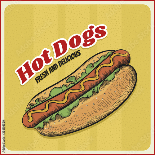 Hot Dog in engraved style. Vintage hot dogs poster. Fast food illustration. Vector hand drawn style