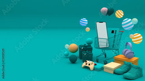 Smartphone surrounded by Shopping cart, shopping basket, shopping bag, gift box,cart ,store, and wallet on colour background. colorful balls on colour background.-3d rendering.