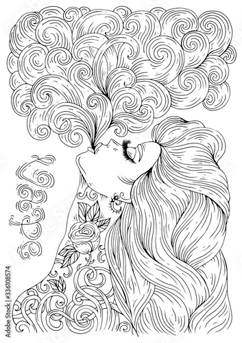 Vector drawing in profile face sexy tattooed woman with long hair, let a pair vaping e-cigarette. Poster vape bar. Pattern smoking girl for coloring page A4. Graphic design card, print on t-shirt 