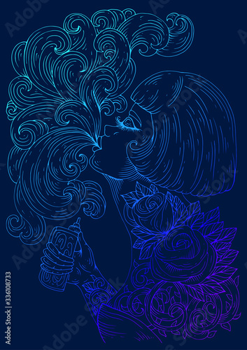 Vector profile glamorous woman with a haircut bob, let a pair vaping e-cigarette. Girl with tattoo rose and thorns holding vaporizer electronic cigarette. Poster smoking girl on neon light silhouette