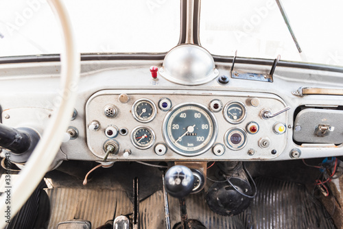 Detail of the dashboard of an old vintage truck.