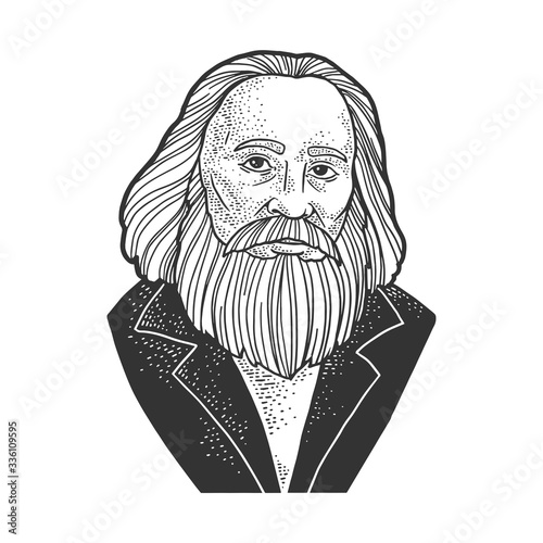 Dmitri Mendeleev portrait sketch engraving vector illustration. T-shirt apparel print design. Scratch board imitation. Black and white hand drawn image.