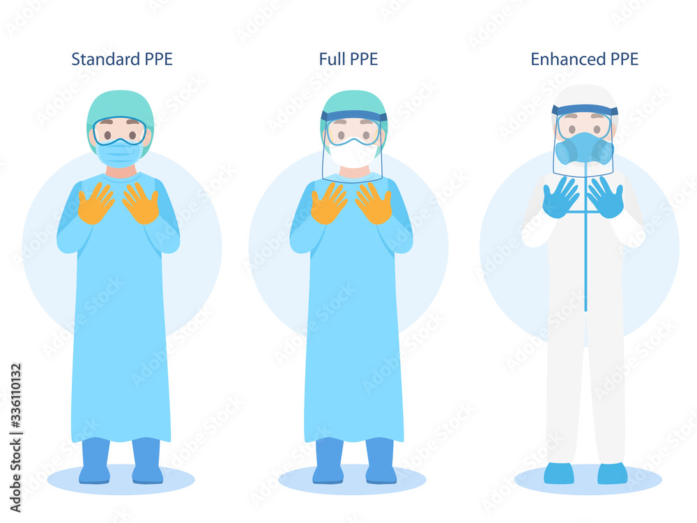 Set of Doctors Character wearing in PPE personal protective suit Clothing isolated and Safety Equipment for prevent Corona virus, people wearing Personal Protective Equipment.Work safety - obrazy, fototapety, plakaty 