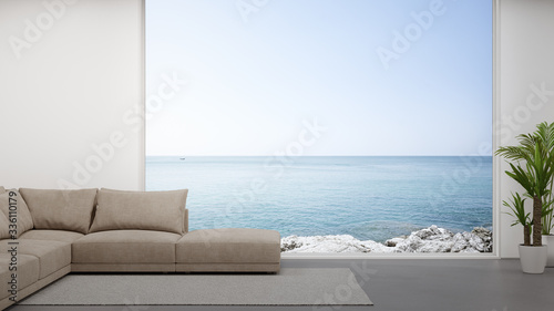 Sofa on concrete floor of large living room in modern house or luxury hotel. Minimal home interior 3d rendering with sky and sea view.