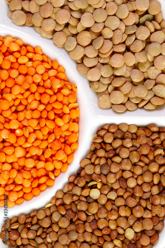 Three varieties of lentils. Background texture of grains of orange, green and brown lentils. Top view on lentil grains. Close-up, vertical, top view. Concept of healthy eating and agriculture.