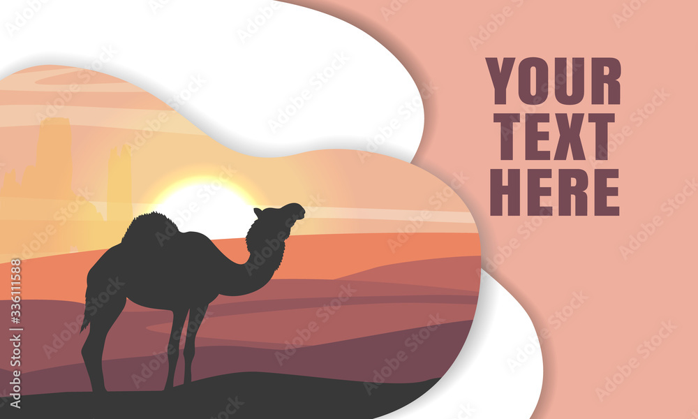 Fototapeta premium Landing page template with multi-level shadows and the image of a camel in the desert. Vector