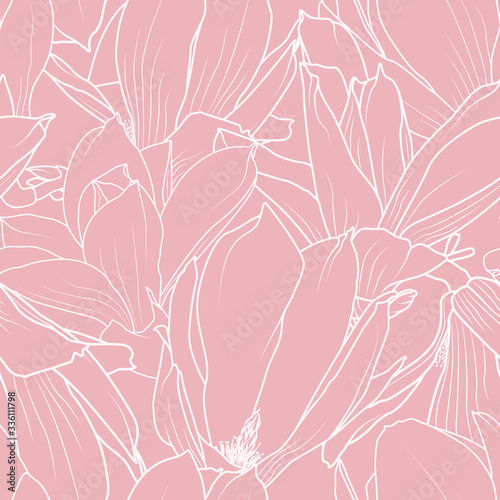 Magnolia flowers bloom blossom seamless pattern texture. Elegant ornamental line design. White on pink background.