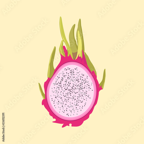 Half pitahaya or dragon fruit. Fresh, summer tropical fruit with white pulp and black seeds.Vector illustration flat cartoon icon isolated on beige background.Ideal for packaging design element, menu.