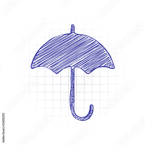 umbrella icon. Hand drawn sketched picture with scribble fill. Blue ink. Doodle on white background