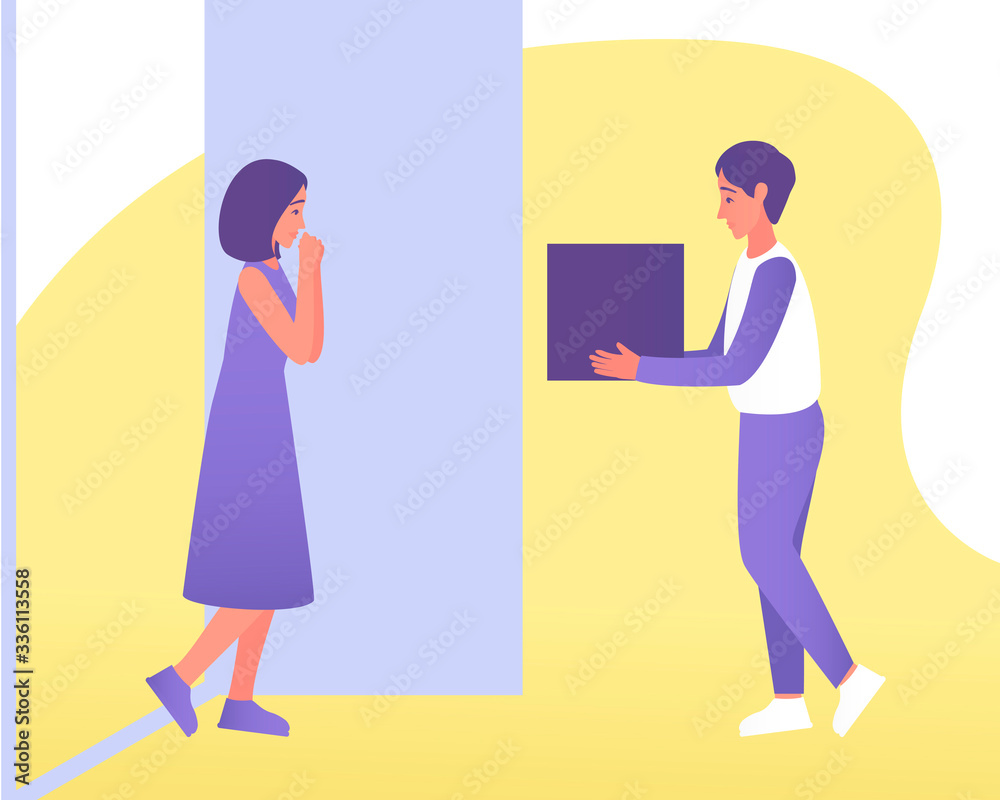 Delivery of the order or parcel by courier to the apartment. Buying online with home delivery. Food delivery. Post box. Flat vector illustration. Delivery of the order or parcel by courier to the apartment. Buying online with home delivery. Food delivery. Post box. Flat vector illustration.