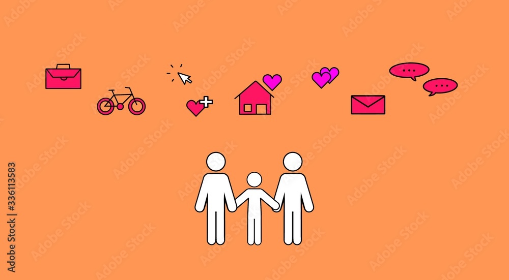 family members illustration background house orange background with elements of life family members illustration background house orange background with elements of life