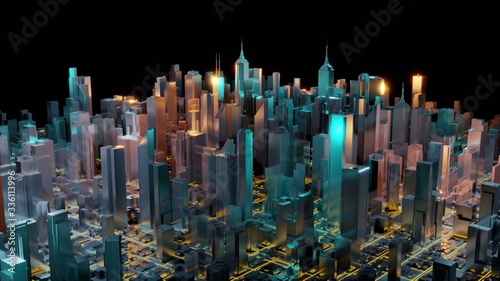 Digital abstract city made of glowing line light. Business skyscrapers. Architectural technology structure of luminous lines and particles. Connection concept. 3d rendering.