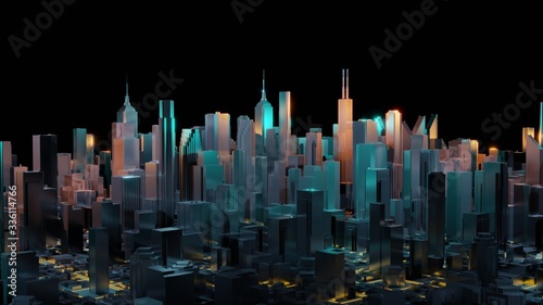 Abstract 3d city rendering with lines and digital elements. Digital skyscrapers. Technology concept. Perspective architecture. 3d rendering.