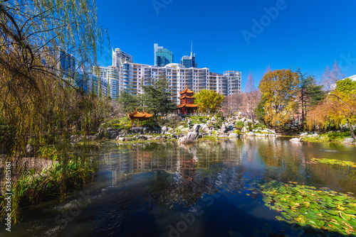 Fototapeta Naklejka Na Ścianę i Meble -  Panorama landscape view of the Chinese Garden of Friendship in Chinatown. One of the most famous tourist attraction in Sydney city, Australia.