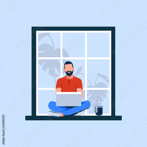 Working at home in quarantine, young man sits on a windowsill and work with laptop. A cup of coffee is smoking. Flat vector illustration.