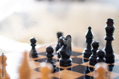 Black and white chess pieces stand opposite each other on the playing Board, the beginning of the game: concept of Board games, entertainment, games at home, background, place for text
