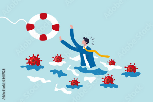 Coronavirus crisis help policy, business insurance or government stimulus to aid small business and entrepreneur to survive in COVID-19 outbreak, businessman try to hold life buoy with virus around.