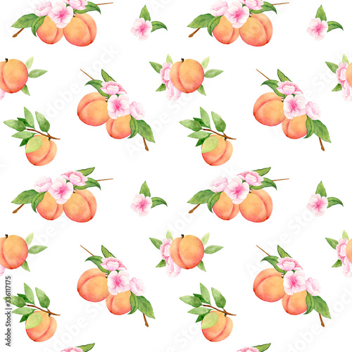 Fototapeta Naklejka Na Ścianę i Meble -  Seamless bright pattern with peaches on white background