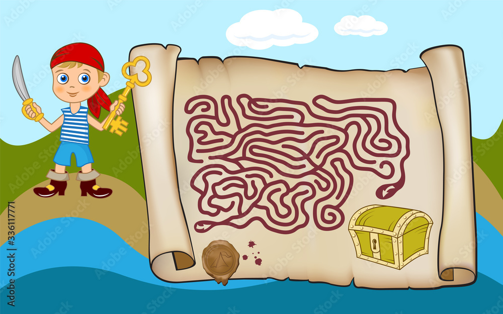 Fototapeta premium Maze game for children with a boy in pirate clothing, old parchment with a map leading to treasures. 