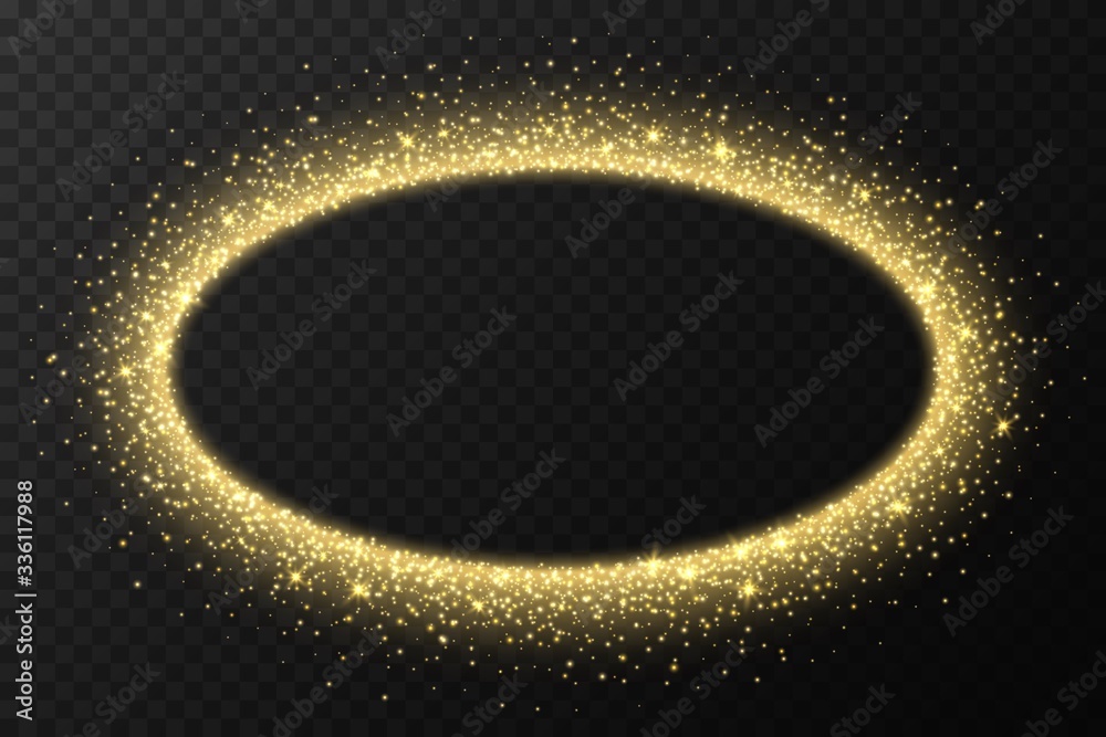 Golden oval frame with sparkles and flares, abstract luminous particles, yellow stardust light effect isolated on a dark background. Xmas glares and sparks. Luxury backdrop. Vector illustration.