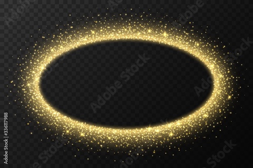 Golden oval frame with sparkles and flares, abstract luminous particles, yellow stardust light effect isolated on a dark background. Xmas glares and sparks. Luxury backdrop. Vector illustration.