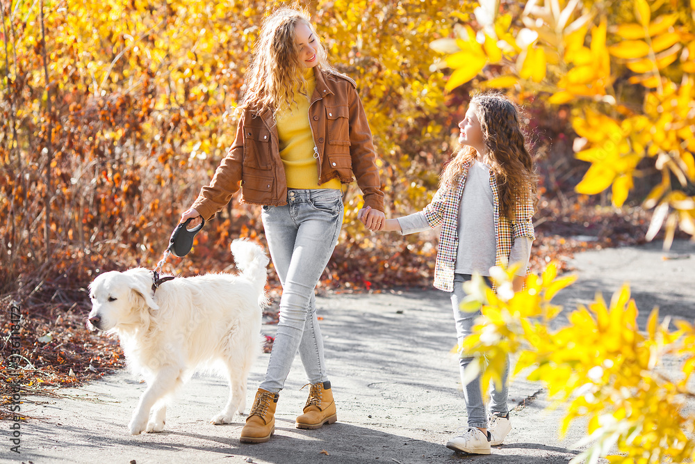 Beautiful girls with golden retriever. Two sisters outdoors having fun.pet owners at autumn background.