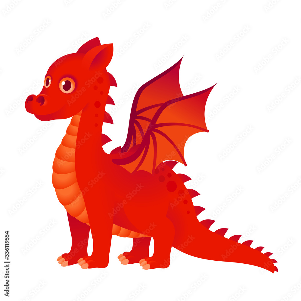 Little cute red dragon vector illustration, fairytale fantasy reptile.