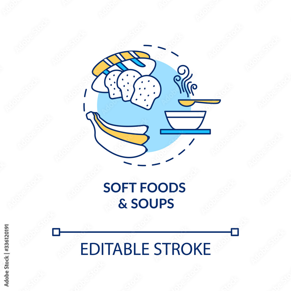 Soft foods and soups concept icon. Eating after medical procedure. Doctor recommendation. Healthy diet idea thin line illustration. Vector isolated outline RGB color drawing. Editable stroke Soft foods and soups concept icon. Eating after medical procedure. Doctor recommendation. Healthy diet idea thin line illustration. Vector isolated outline RGB color drawing. Editable stroke