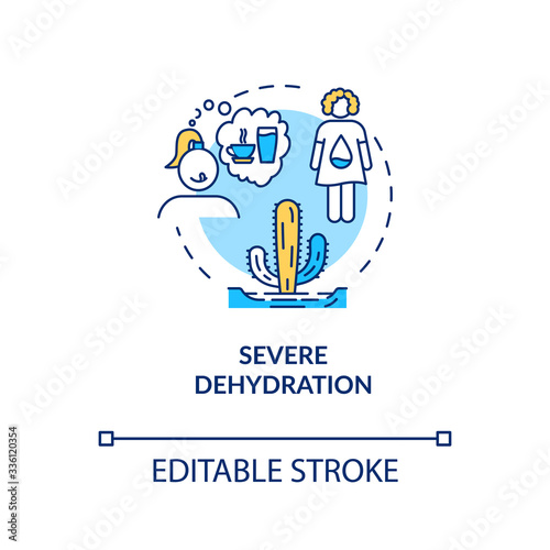 Severe dehydration concept icon. Lack of water in human body. Thirsty woman. Girl think of fluid. Rotavirus sign idea thin line illustration. Vector isolated outline RGB color drawing. Editable stroke