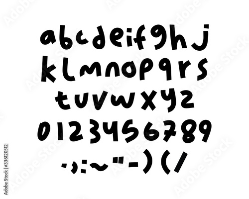 Hand drawn written alphabet with numbers and symbols. Vector font letter isolated on white background