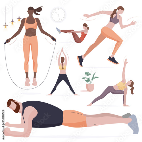 Woman doing fitness and yoga exercises with ball. Sporty man doing full-body workout alone in living room. Fit girl training muscles at home for healthy lifestyle concept. Lunges, squats, plank, abc.