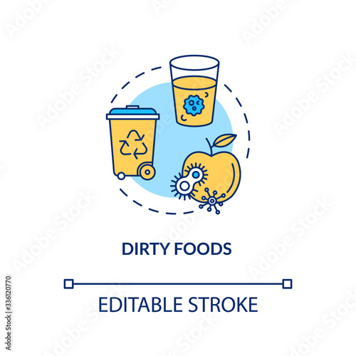 Dirty foods concept icon. Spoiled apple. Bacteria spread. Foodborne disease. Contaminated water. Rotavirus cause idea thin line illustration. Vector isolated outline RGB color drawing. Editable stroke