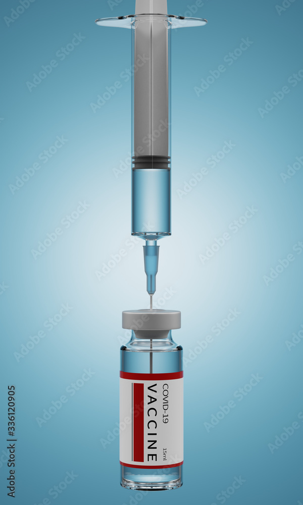 Syringe and vaccine. Used for prevention from 2019-nCov or covid-19. 3d rendering - illustration. Syringe and vaccine. Used for prevention from 2019-nCov or covid-19. 3d rendering - illustration.