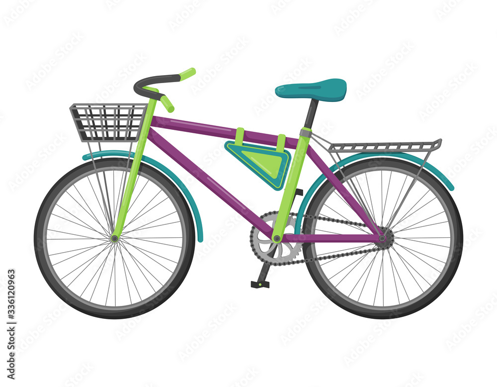Bicycle with a basket, trunk and bag. Eco-friendly urban transport. Outdoor activity. A vehicle for walking, sports, traveling. Vector illustration. Flat style. isolated on white.