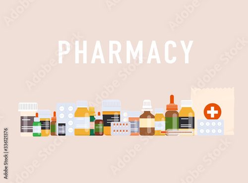 Pills background. Poster/banner for web site. Pharmacy, painkiller capsules and medical drug.