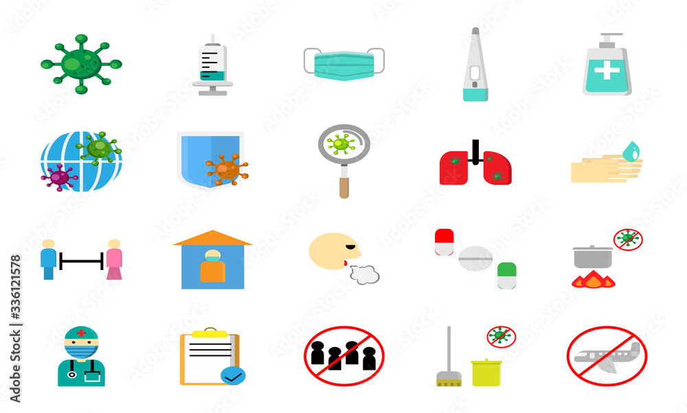 Flat icon about Covid-19 pandemic and how to protect. Flat icon about Covid-19 pandemic and how to protect.