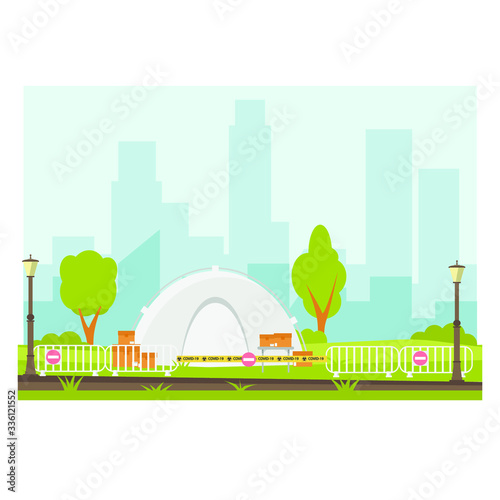 Tent clinic in central park due to coronavirus. Quarantine in a tent city. Vector illustration.