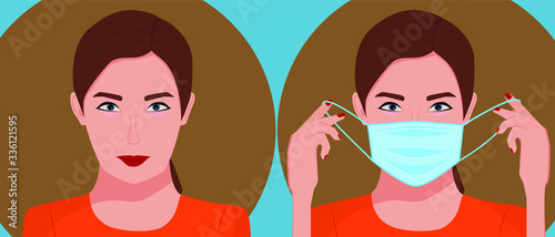 To protect against viruses and various environmental pollutants entering the respiratory system, a woman puts a mask on her face.