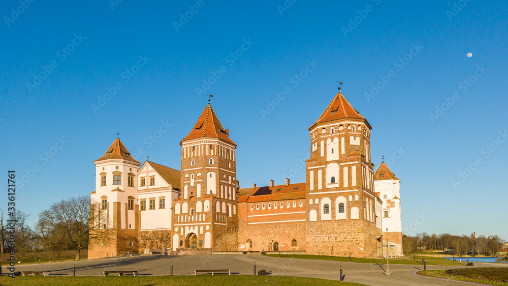 The famous architectural monument Mir Castle in the sunset light, Belarus