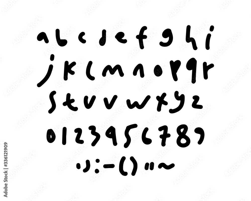 Hand drawn written alphabet with numbers and symbols. Vector font letter isolated on white background Hand drawn written alphabet with numbers and symbols. Vector font letter isolated on white background